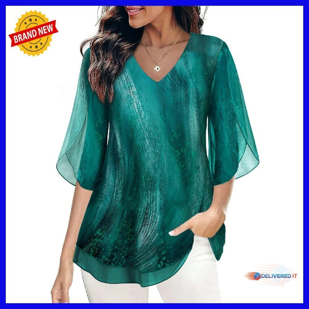 Floral Mesh Blouse with Ruffle Sleeves Loose Stretchy Top